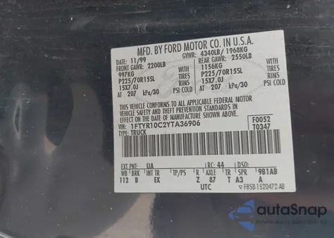 2000 Ford Ranger Xl/Xlt z USA, uszkodzony, nr VIN 1FTYR10C2YTA36906